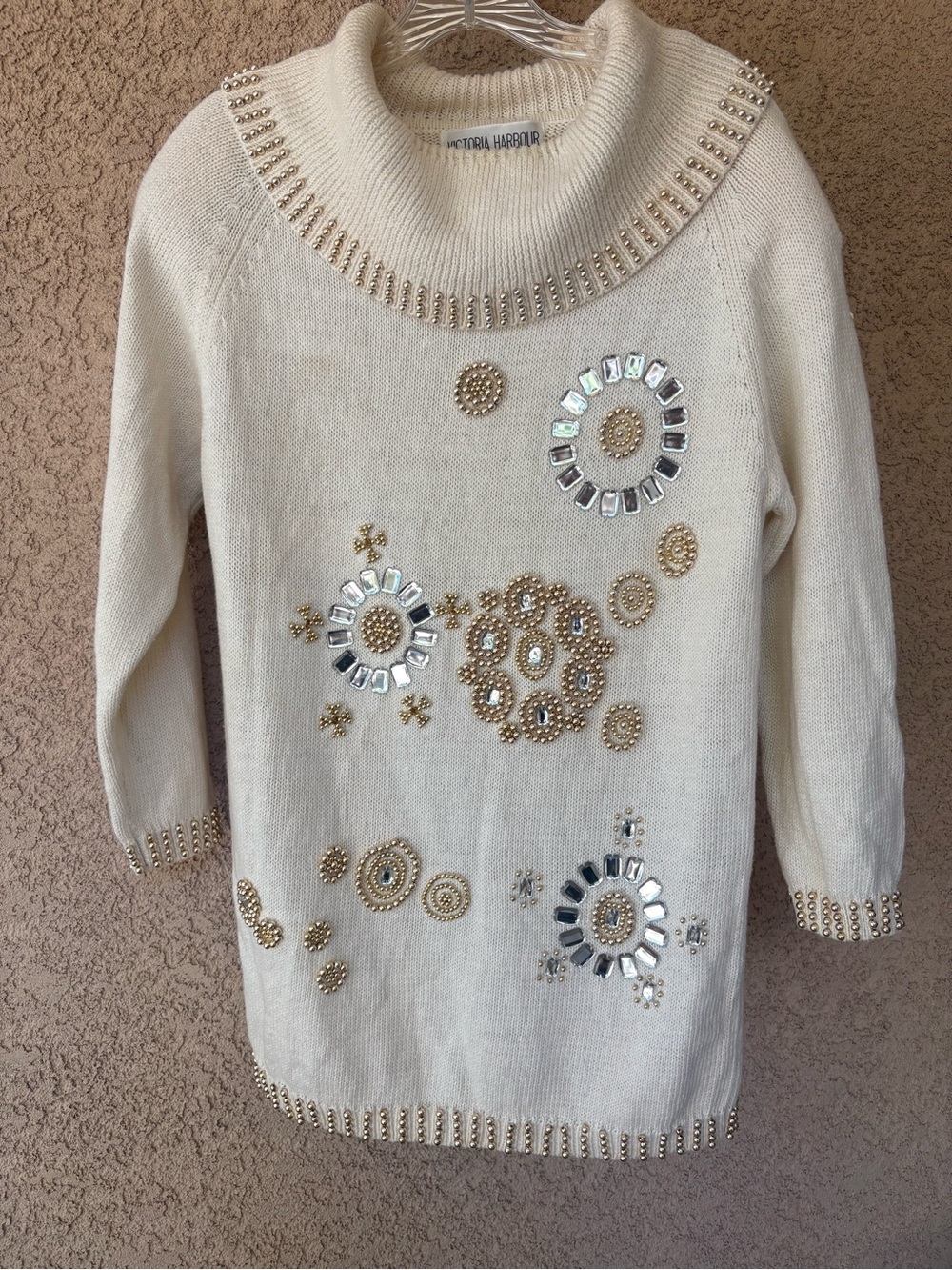 Vtg Victoria Harbour Beaded Jeweled Cowl Neck Tunic Sweater Cream Large